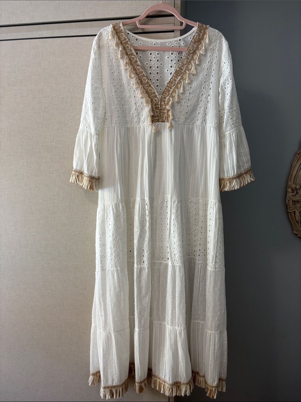 Resort wear cotton and Eyelet mix ,Midi caftan with Gold Trim -and fringe.